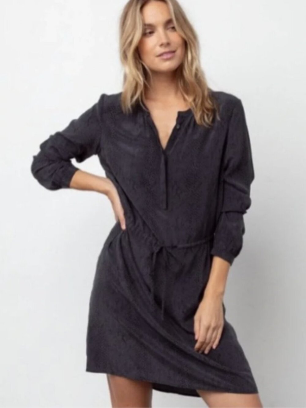 Rails Hana Silk Gray Black Cobra Drawstring Waist Long Sleeve Dress S